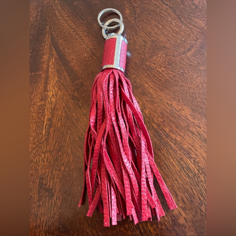 Michael Kors Red Leather Tassel Key Chain/ Bag Charm With Silver Hardware
